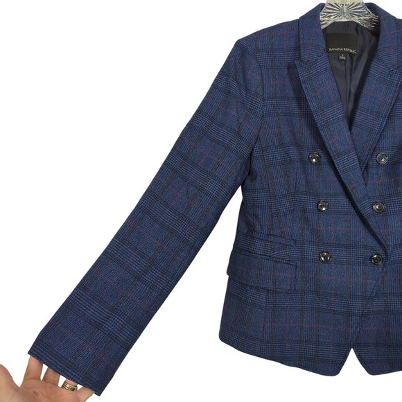 Banana Republic Women’s Plaid blue Blazer Sz 4 Double Breasted Glen Check Jacket - Picture 3 of 16